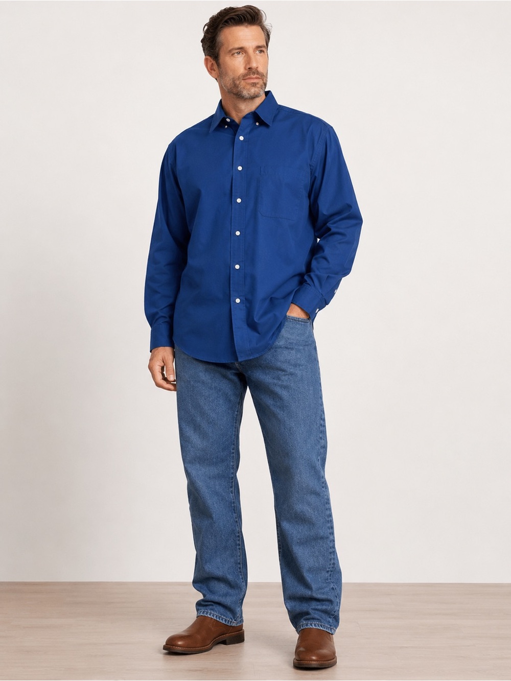 Classic Long-Sleeve Men's Button-Down Shirt in Royal Blue